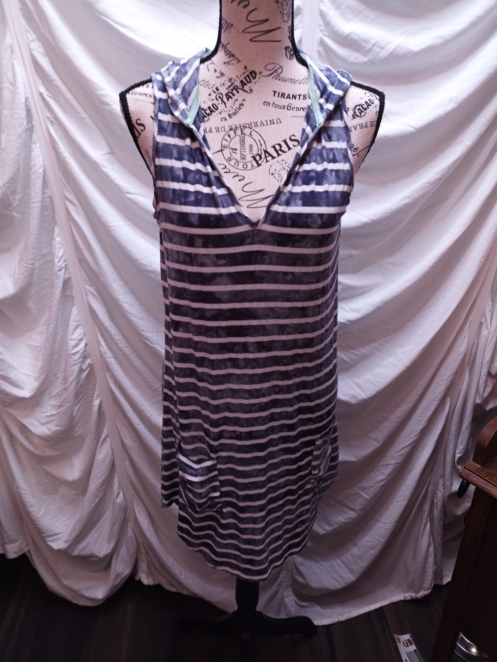 Striped Hooded Swim Coverup Dress in Navy and White
